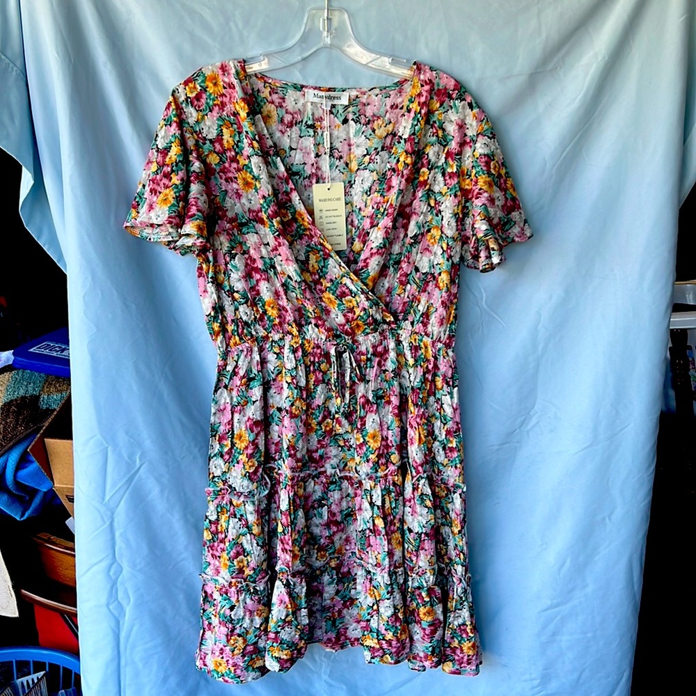 False-wrap flowered mini sundress